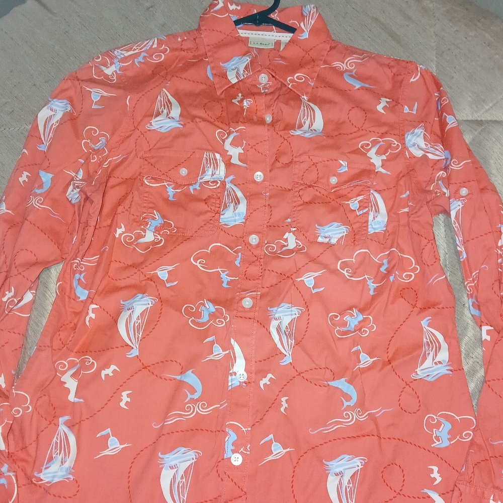 LL BEAN Coral Sailboats Button Down